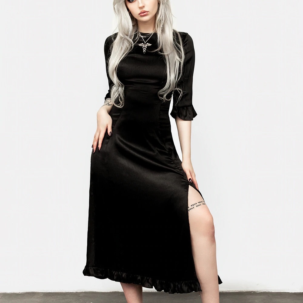 Disturbia Ghoulfriend Midi Maxi Dress Black Gothic Long Dress Mid Sleeve Ruffle